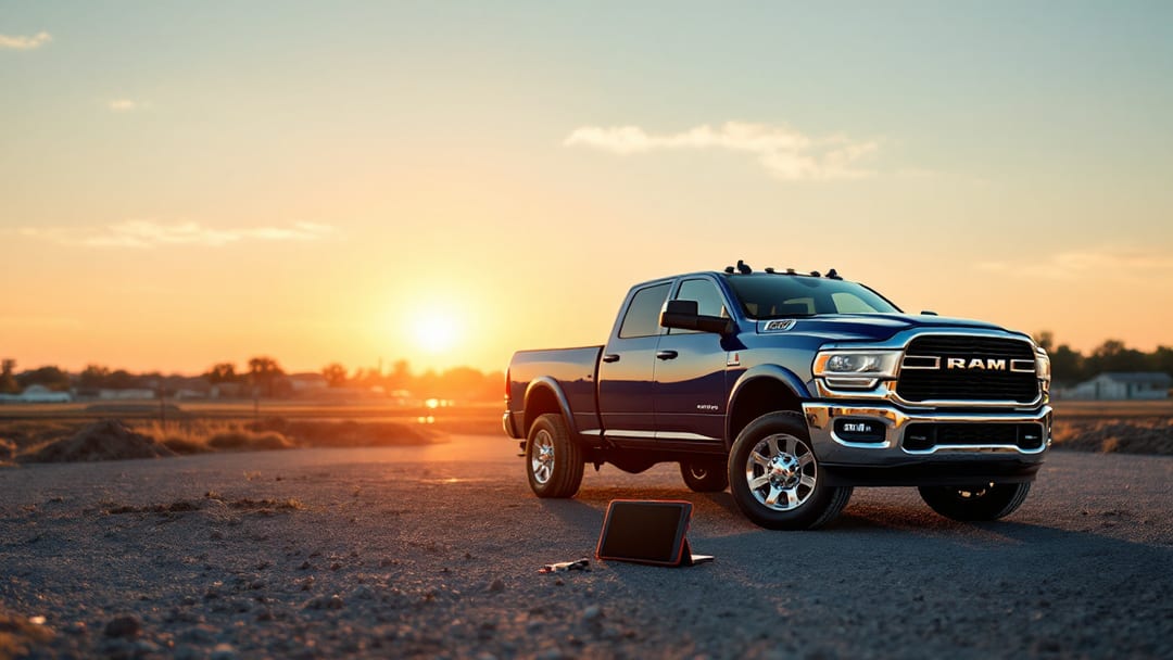 Cerrajero abriendo una RAM 2500 sin daños al amanecer en una obra de Cleburne con tráiler enganchado