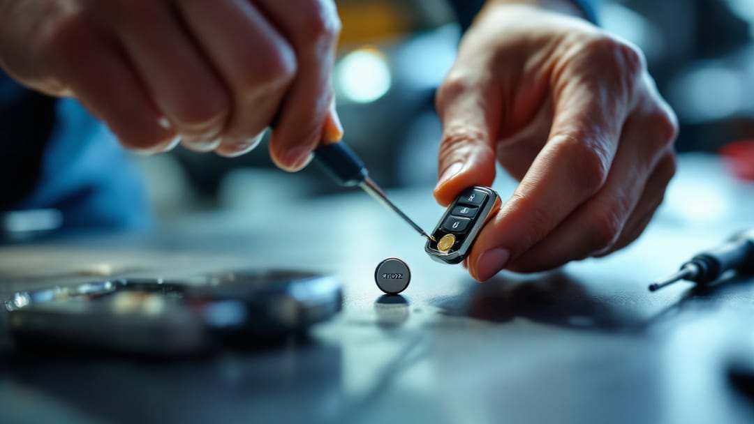 Manos cambiando una batería de moneda CR2032 dentro de un key fob abierto sobre un banco de trabajo en Cleburne