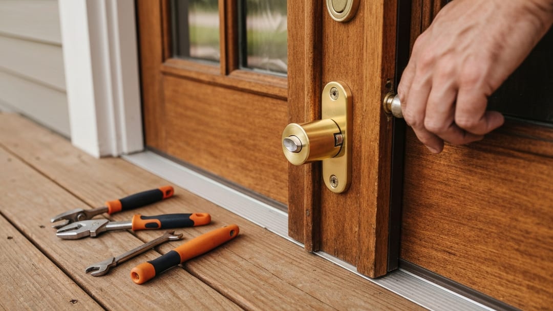 Cerrajero instalando cerradura deadbolt en casa de Hidden Hills Cleburne