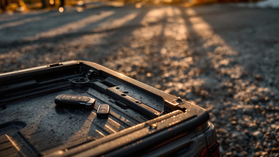 Nissan Titan gris estacionada en una obra de Cleburne al atardecer con una Intelligent Key y un programador portátil de llaves en la caja de la troca