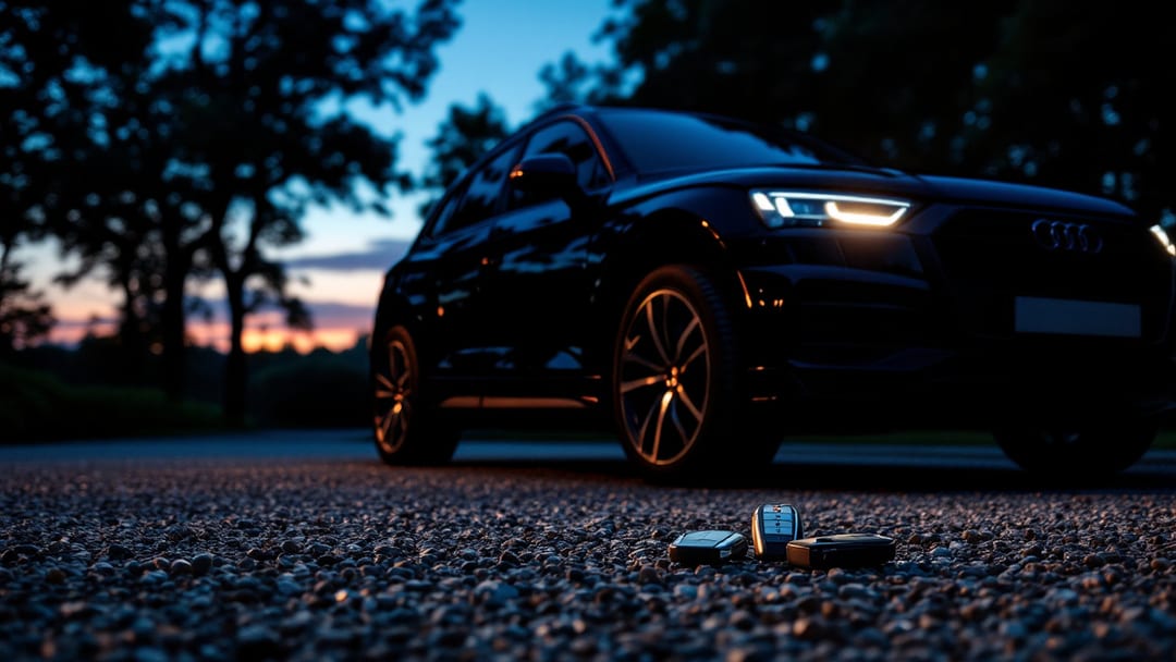 Audi Q5 negro en una entrada de Cleburne al anochecer con una llave Advanced Key de Audi y un fob Porsche sobre el asiento de piel junto a un programador de llaves