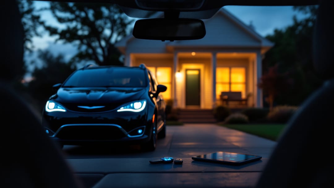 Chrysler Pacifica negra estacionada frente a una casa de Cleburne al anochecer con una llave Fobik y una tablet de diagnóstico de cerrajero encendida