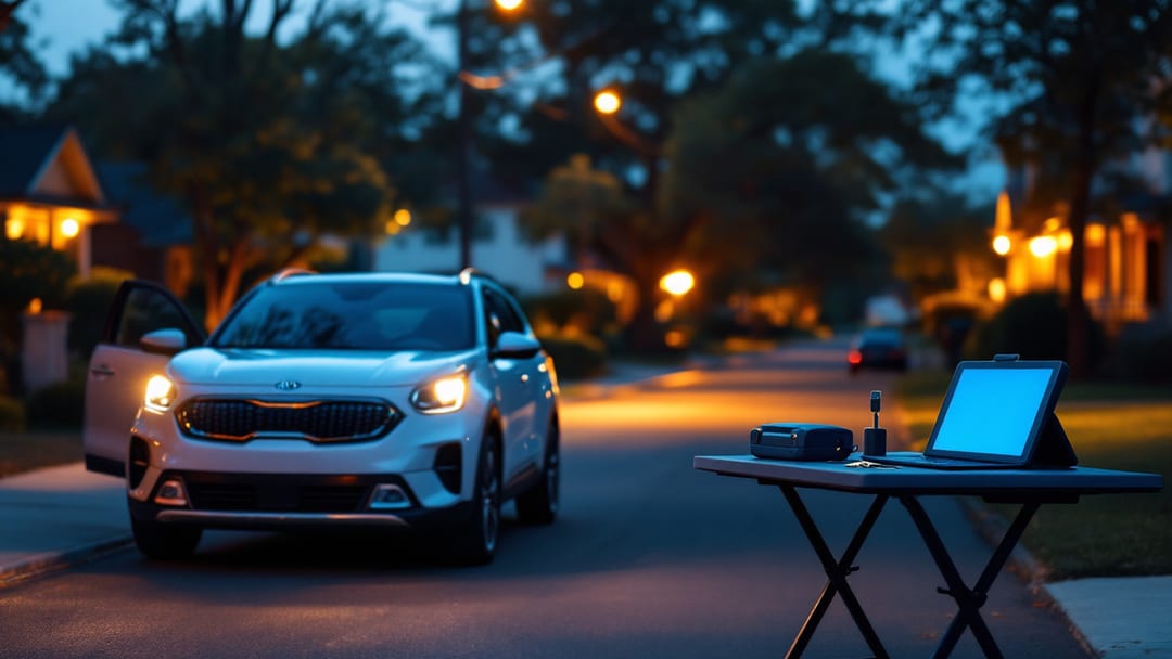Corte y programación de llave para un Kia estacionado en una calle residencial de South Cleburne al anochecer