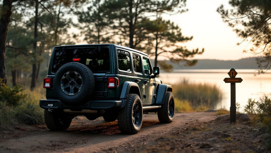 Jeep Wrangler estacionado en un acceso a senderos junto al lago con neblina matinal cerca de Cleburne mientras se programa una llave nueva