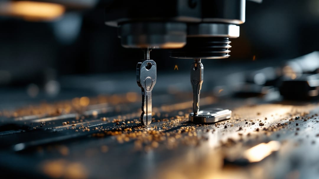 Llave de carro de corte láser montada en una máquina cortadora dentro de una van de cerrajero, iluminada por la lámpara cálida del banco de trabajo