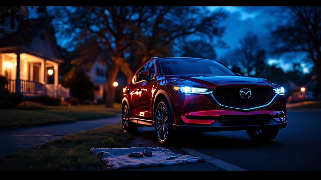 Programación de una smart key junto a un Mazda CX-5 rojo en una calle residencial tranquila de Cleburne al anochecer