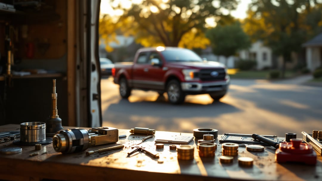 Cerrajero móvil reparando el cilindro de ignición de una Ford F-150 en Cleburne al atardecer