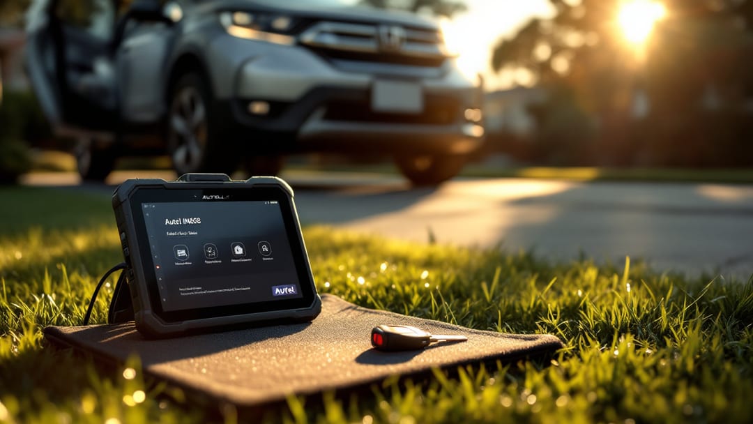 Programación de llave Honda CR-V con equipo Autel en una entrada de casa en The Heights, Cleburne
