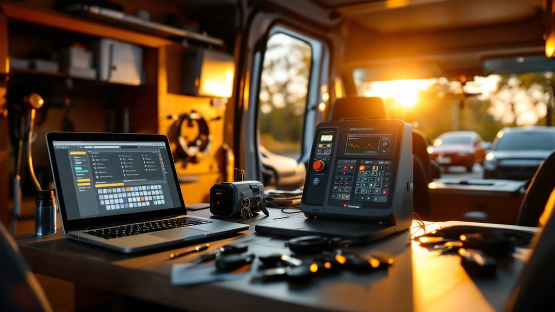 Interior de una van de cerrajero con luz de tarde, laptop con software de códigos de llave, máquina cortadora y llaves vírgenes sobre el banco