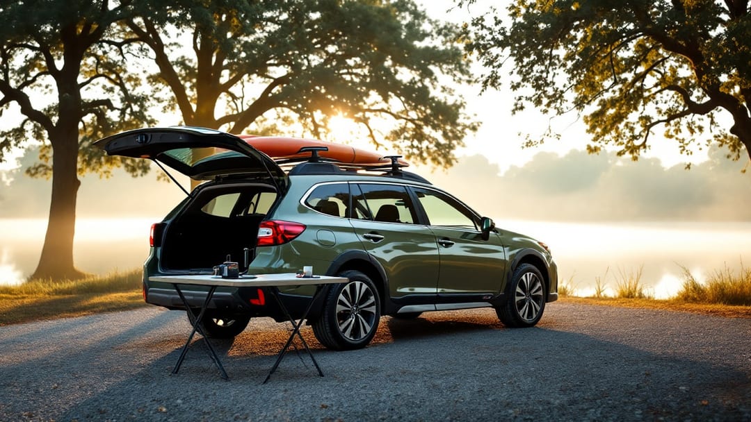 Cerrajero móvil programando una llave junto a un Subaru Outback verde en un área de grava cerca del lago en Cleburne al amanecer