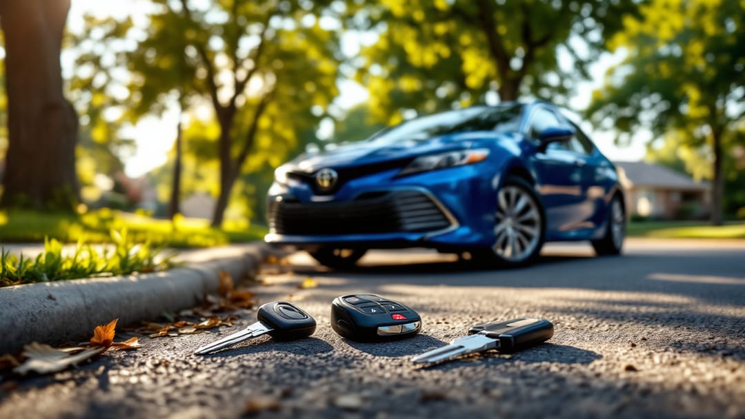 Toyota Camry azul estacionado en una calle residencial arbolada de Cleburne con una smart key y una llave transponder sobre el tablero