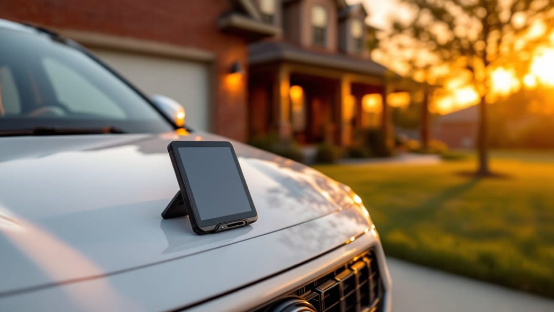 Toyota RAV4 estacionada al atardecer en la entrada de una casa de ladrillo en un suburbio de Cleburne mientras se programa una smart key nueva