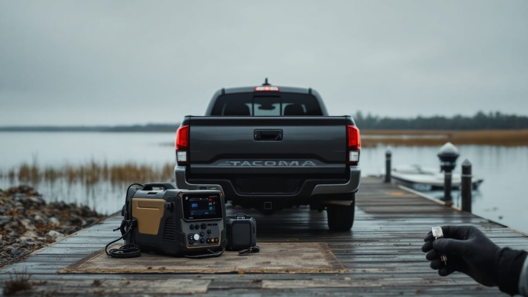 Corte de llave para Toyota Tacoma junto a la rampa de botes de Lake Pat Cleburne en una tarde nublada