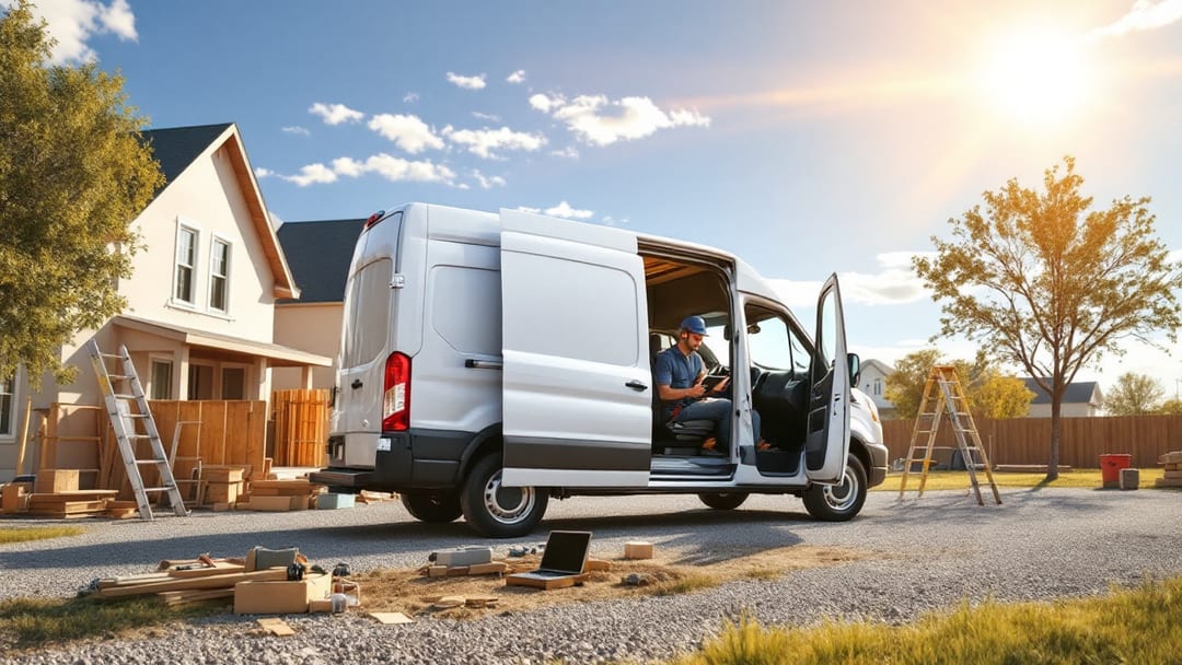 Programador de llaves OBD sobre el asiento de una van de carga blanca con la puerta lateral abierta en una obra de construcción en Cleburne