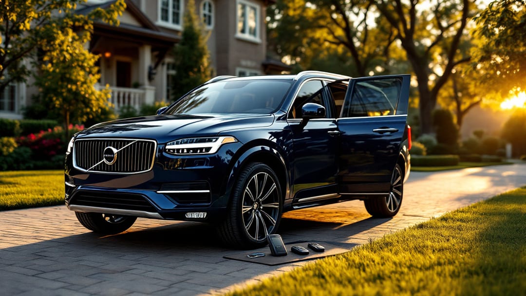 Volvo XC90 azul oscuro estacionado en una entrada residencial de Cleburne al atardecer durante un servicio de programación de llave