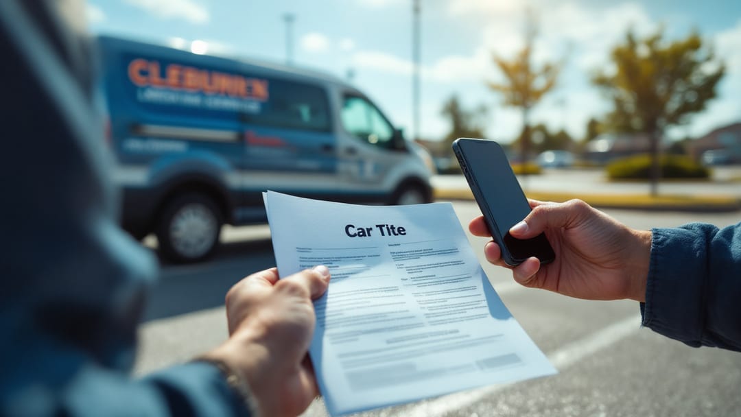 Manos sosteniendo el título del carro y un teléfono junto a un sedán cerrado en un estacionamiento de Cleburne al mediodía