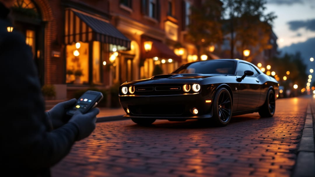 Programación de fob de proximidad de un Dodge Challenger al anochecer en una calle de ladrillo del centro de Cleburne