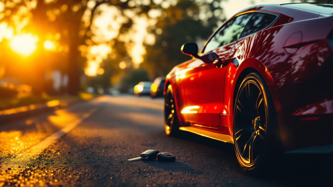 Ford Mustang rojo estacionado en una calle de Cleburne al atardecer con un programador de llaves AVDI conectado al puerto OBD-II