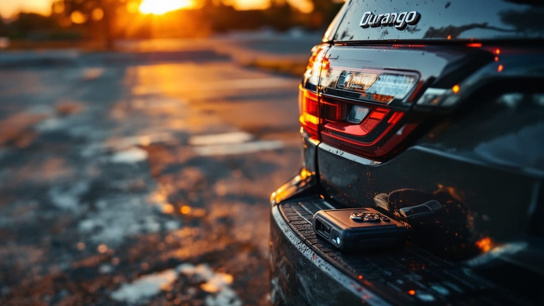 Dodge Durango gris oscuro en un estacionamiento de Cleburne al amanecer con una smart key de proximidad y un programador OBD sobre la puerta trasera