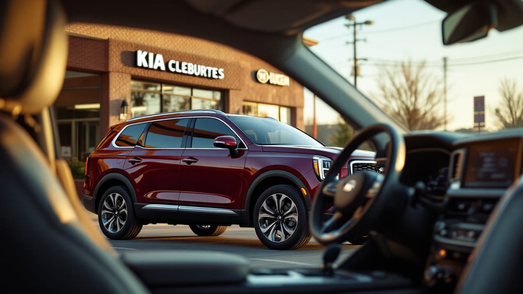 Kia Telluride color vino estacionada afuera de una zona comercial de Cleburne en una mañana clara con una smart key Hyundai y Kia y una tablet de diagnóstico en el asiento