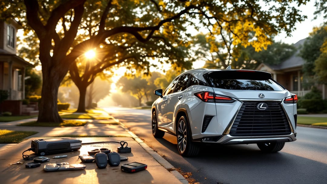 Máquina cortadora de llaves y fobs inteligentes junto a una Lexus RX en una calle arbolada de Cleburne