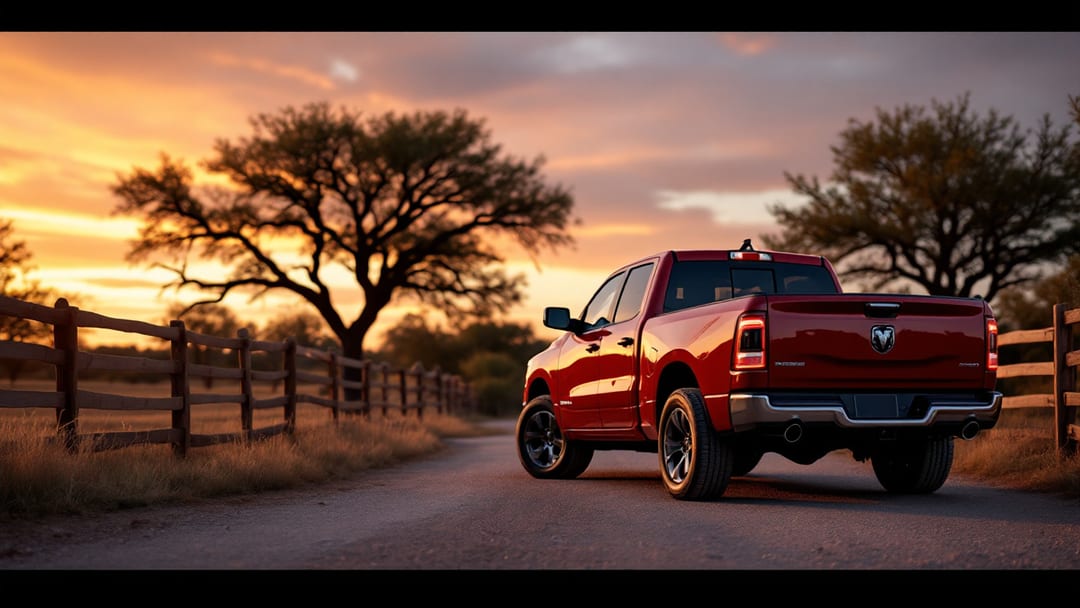 RAM 1500 estacionada al atardecer en la entrada de grava de un rancho cerca de Cleburne mientras un programador OBD da de alta una llave nueva