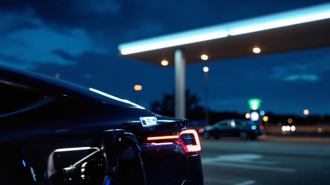 Tesla Model 3 conectada a un cargador nocturno con herramientas de apertura de cerrajero y una key card sobre la cajuela